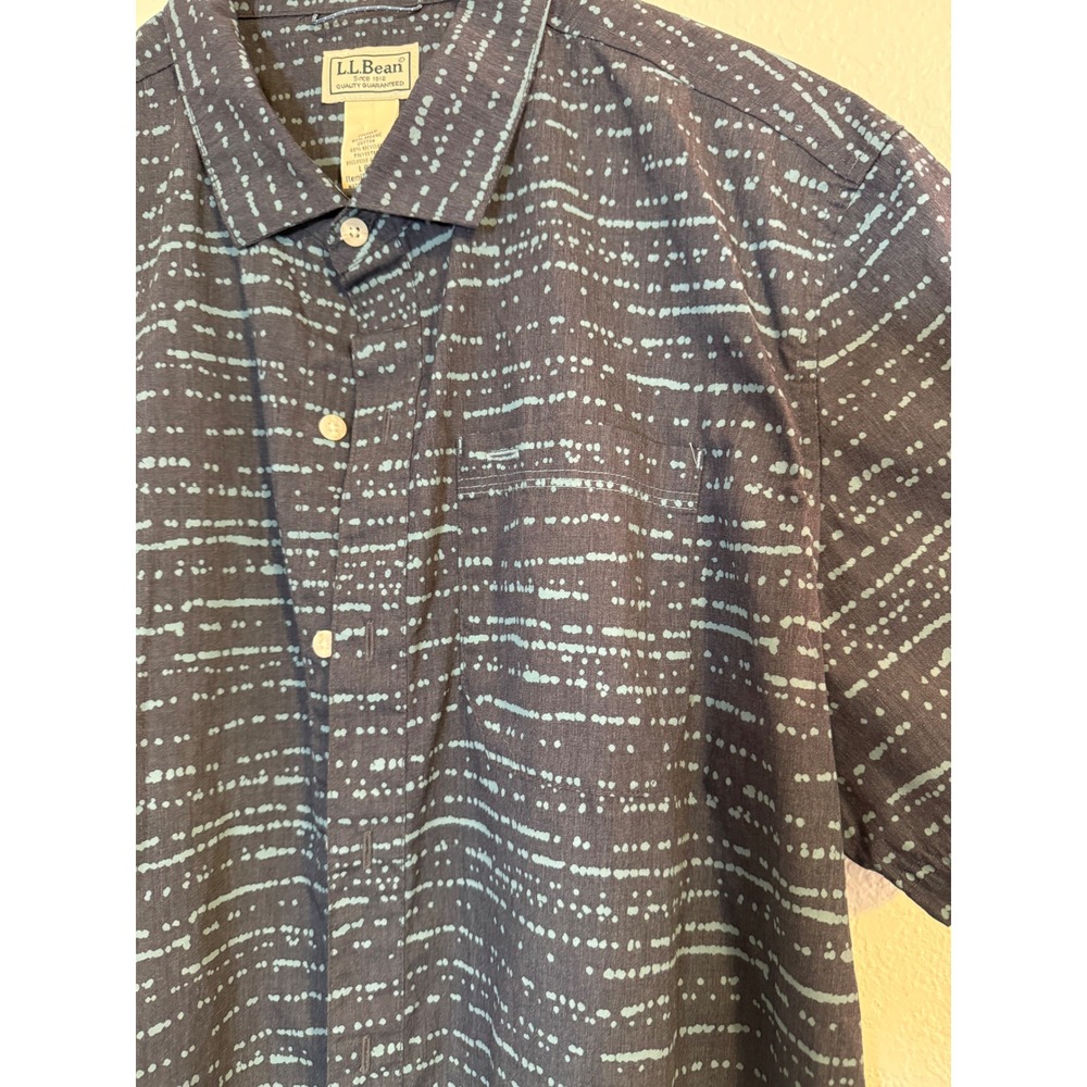 LL Bean Mens Short Sleeve Button Down Shirt Blue Dotted Stripe Organic Cotton L